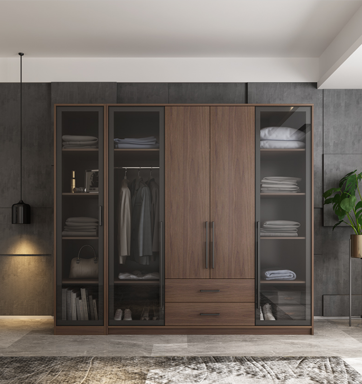  bedroom storage cabinet Walnut color 4 door wardrobe foldable wardrobes for clothes