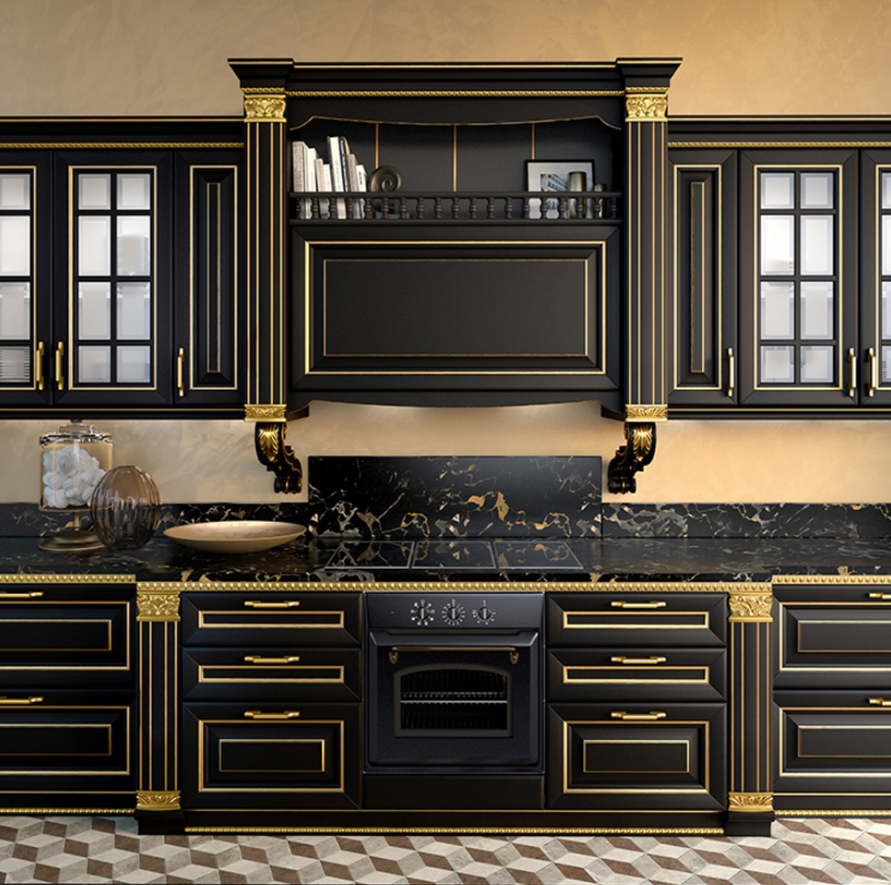 New style drawers & cabinet organizers kitchen Solid wood kitchen cabinet customized  black log door kitchen