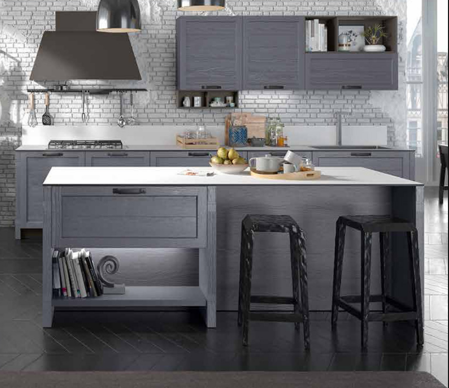 Good modular solid wood dark grey kitchen cabinet  solid wood island platform for rural kitchen decoration 